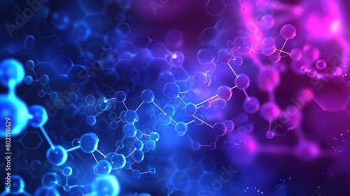 Molecular structure background. Science template wallpaper or banner with a DNA molecules. Asbtract molecule background with hexagons, wave flow, illustration