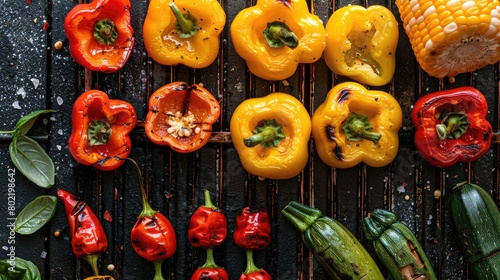 A variety of colorful bell peppers and chili peppers are sizzling on the grill, ready to be used as ingredients in a delicious recipe. These natural foods add flavor and nutrition to any cuisine AIG50 © Summit Art Creations