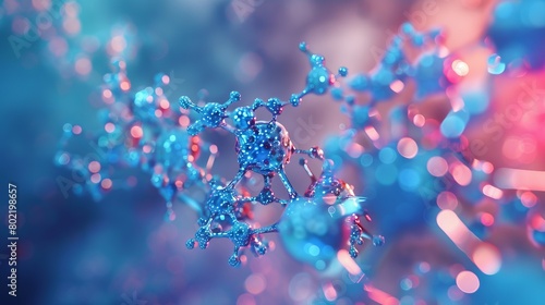 Molecule 3D illustration. Crystal lattice under a microscope. Cellular therapies. Laboratory experiments and research. Nanostructures in high-tech areas of cell technology