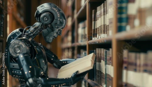 A close up cyber concept captures a robotic librarian archiving ancient manuscripts digitally photo