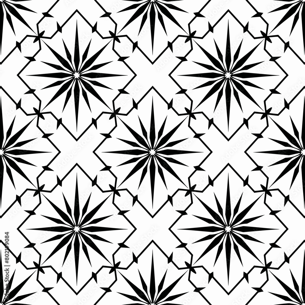 A seamless pattern of simple line art diamond and star shapes in simple lines on a black and white background A seamless pattern of simple line art diamond and star shapes in simple lines on a black and white background