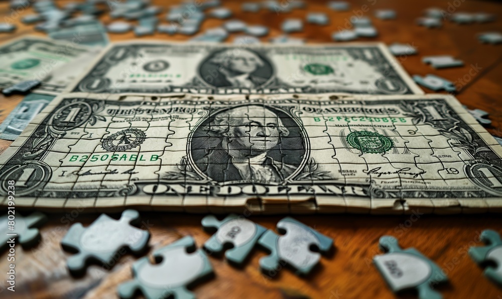 Naklejka premium Assembling a banknote puzzle on the table.