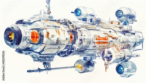 Fototapeta Naklejka Na Ścianę i Meble -  A cyber watercolor painting portrays an orbital space station designed in a quaint