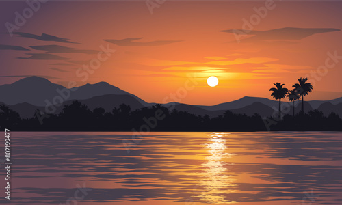 Beautiful orange sunset over lake with mountains and tropical forest © Johnster Designs