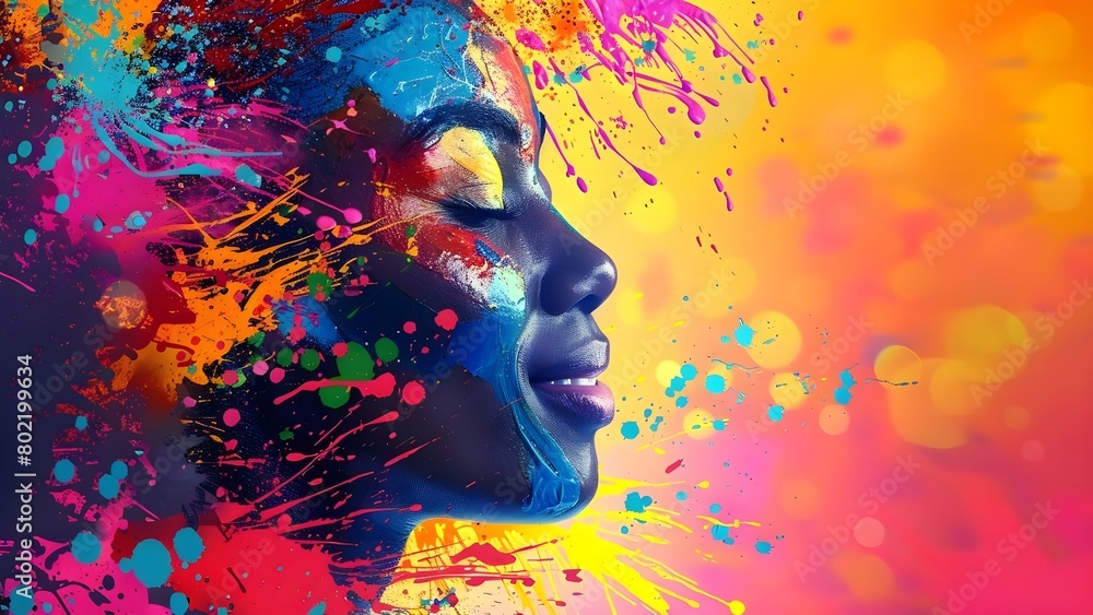 Abstract colorful image of a happy womans head in paint splatter style. Concept Headshot, Abstract Art, Colorful, Paint Splatter, Portrait Abstract colorful image of a happy womans head in paint splatter style. Concept Headshot, Abstract Art, Colorful, Paint Splatter, Portrait
