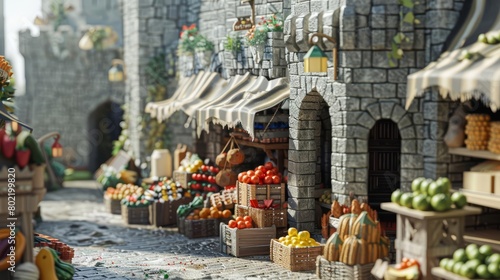 A medieval marketplace, with vendors selling paper fruits, vegetables, and textiles under a fortress of gray stonelike paper, paper art style concept
