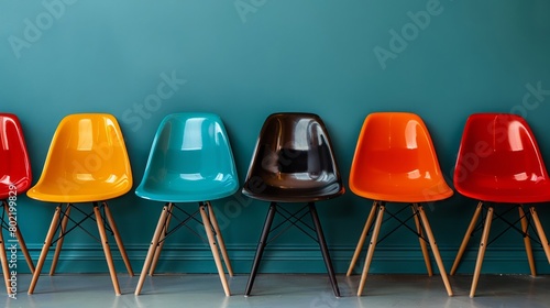 Vibrant plastic chairs arrayed in a contemporary color-block formation against a deep aqua wall in a trendy home decor exhibition photo