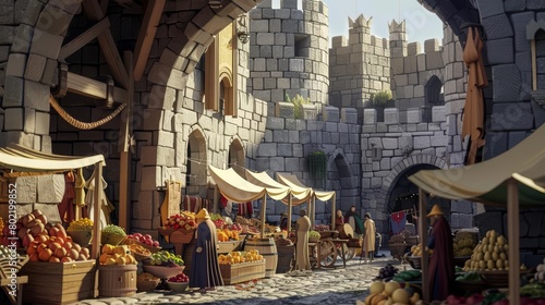 A medieval marketplace, with vendors selling paper fruits, vegetables, and textiles under a fortress of gray stonelike paper, paper art style concept © JK_kyoto