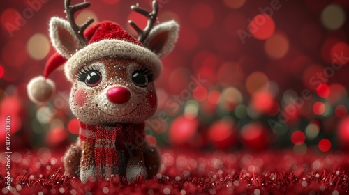 Stuffed Reindeer Wearing Santa Hat and Scarf. Generative AI