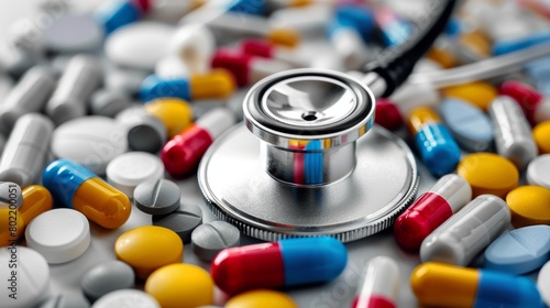 Comprehensive healthcare concept with a stethoscope surrounded by assorted pharmaceutical pills in a top-down view 