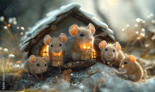 Illustration of a fairy-tale house with mice in the forest.