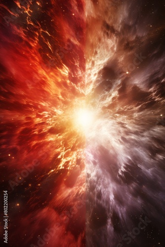 Dramatic cosmic explosion depicted in a vibrant nebula  featuring swirling red and white energies in a dark starry space  Concept  cosmic  explosion  nebula  vibrant  space