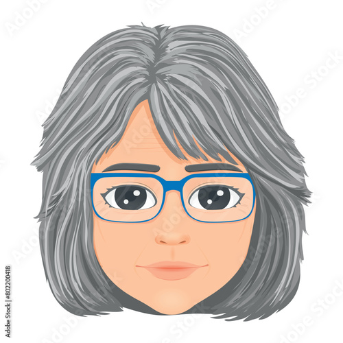 old woman head with gray hair and glasses