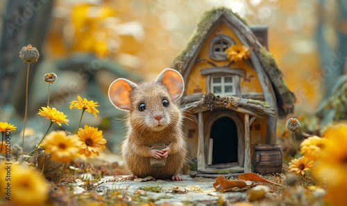 Illustration of a fairy-tale house with mice in the forest.