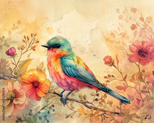 A watercolor illustration of a peaceful river winding through a colorful, blooming meadow with natural elements in the background