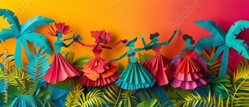 A vibrant Caribbean festival  with dancers in layered paper skirts moving to drum beats  surrounded by paper palm trees  paper art style concept