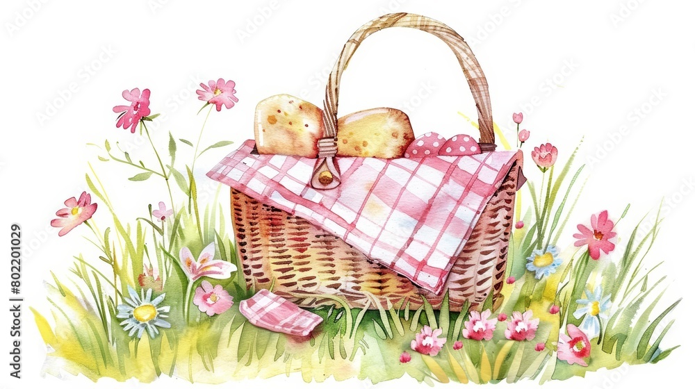 A watercolor painting of a simple, be nice picnic basket filled with treats beside a flowering meadow, Clipart isolated on white background A watercolor painting of a simple, be nice picnic basket filled with treats beside a flowering meadow, Clipart isolated on white background