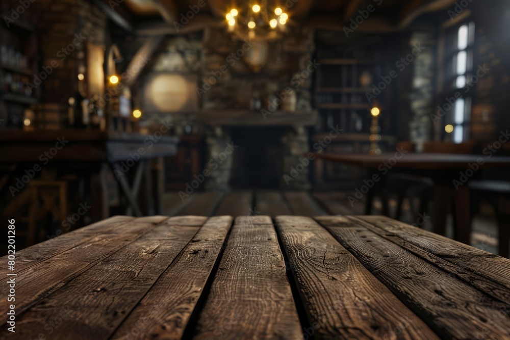 A wooden table graces the empty wide table in a blurred interior of a vintage pub, offering an atmosphere of antiquity and charm, Sharpen 3d rendering background A wooden table graces the empty wide table in a blurred interior of a vintage pub, offering an atmosphere of antiquity and charm, Sharpen 3d rendering background
