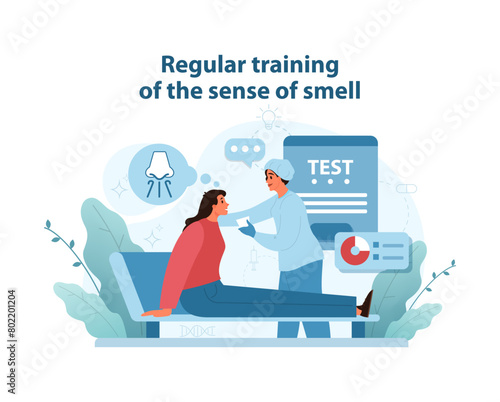 Olfactory Training Illustration. A patient engages in a sense of smell test with a healthcare professional.