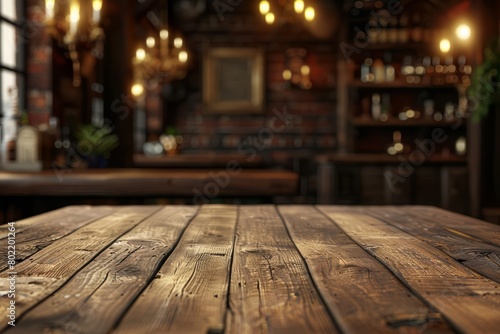 A wooden table graces the empty wide table in a blurred interior of a vintage pub, offering an atmosphere of antiquity and charm, Sharpen 3d rendering background