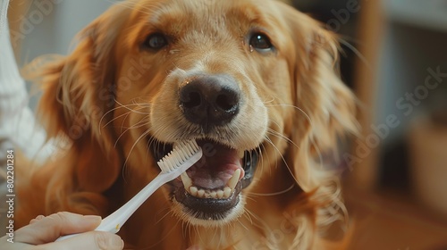 Golden retriever being brushed with a white toothbrush emphasizing dental care for pets in a bright home environment photo