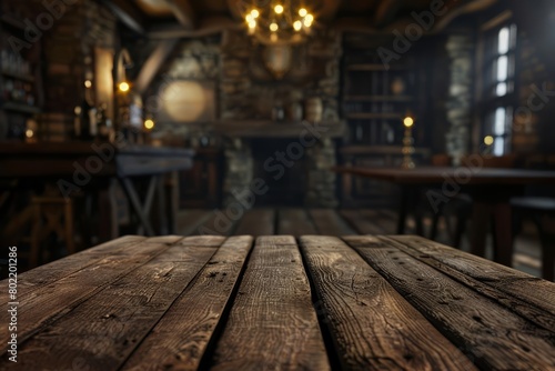 A wooden table graces the empty wide table in a blurred interior of a vintage pub, offering an atmosphere of antiquity and charm, Sharpen 3d rendering background