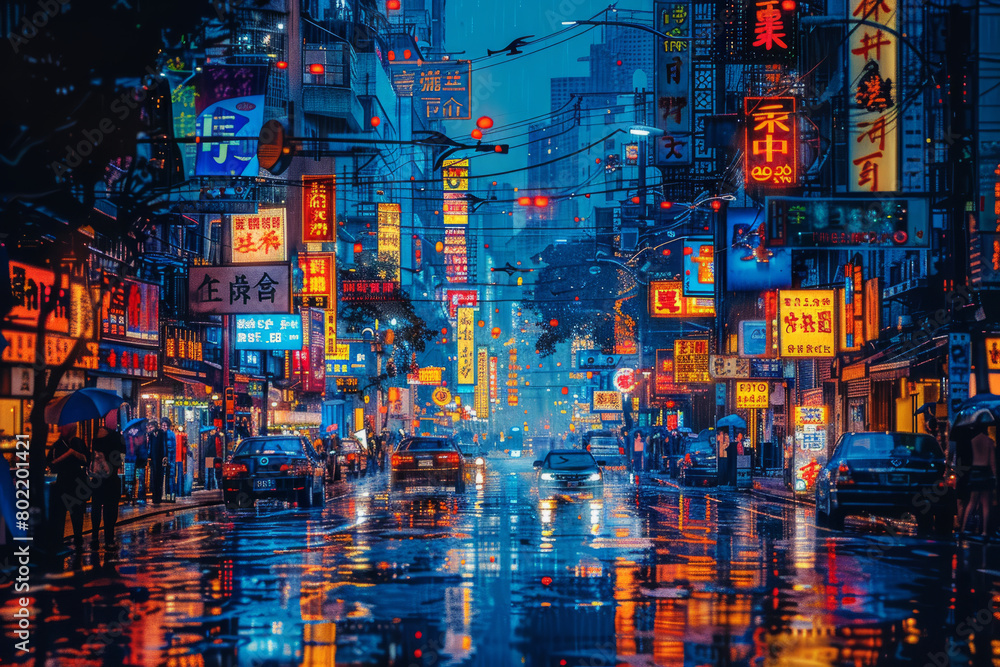 Vibrant night scene on a rainy street in Taiwan with neon signs