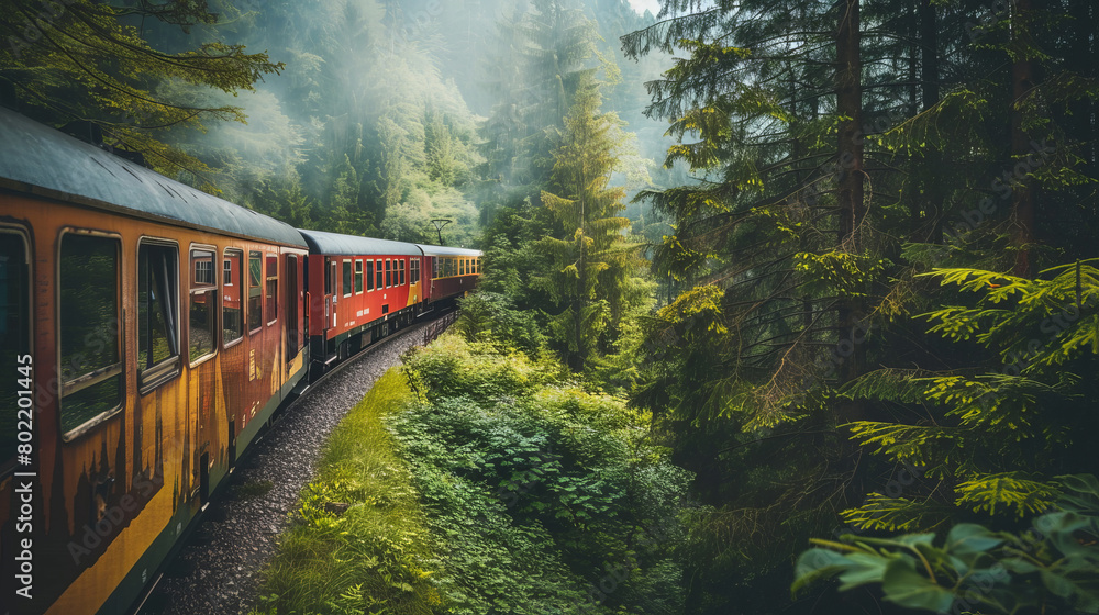 Fototapeta premium Vintage train journey through a lush green forest
