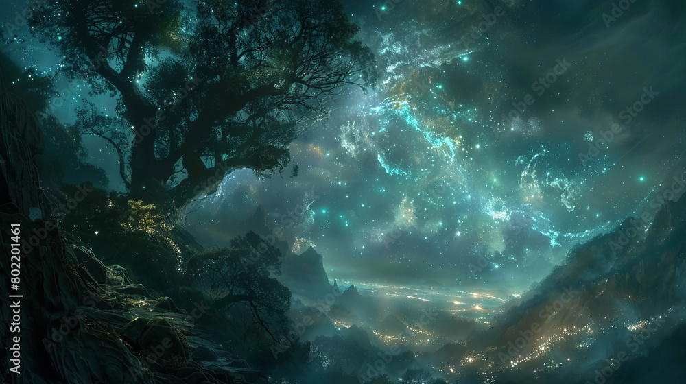 Fototapeta premium Enchanted forest scene with starry night and mystical lights