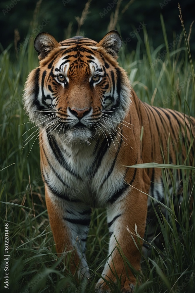 majestic tiger on the hunt for some prey in high grass, stock photo, background