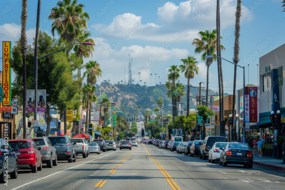 Obraz premium Sunny day in Koreatown, Los Angeles with palm trees and busy street