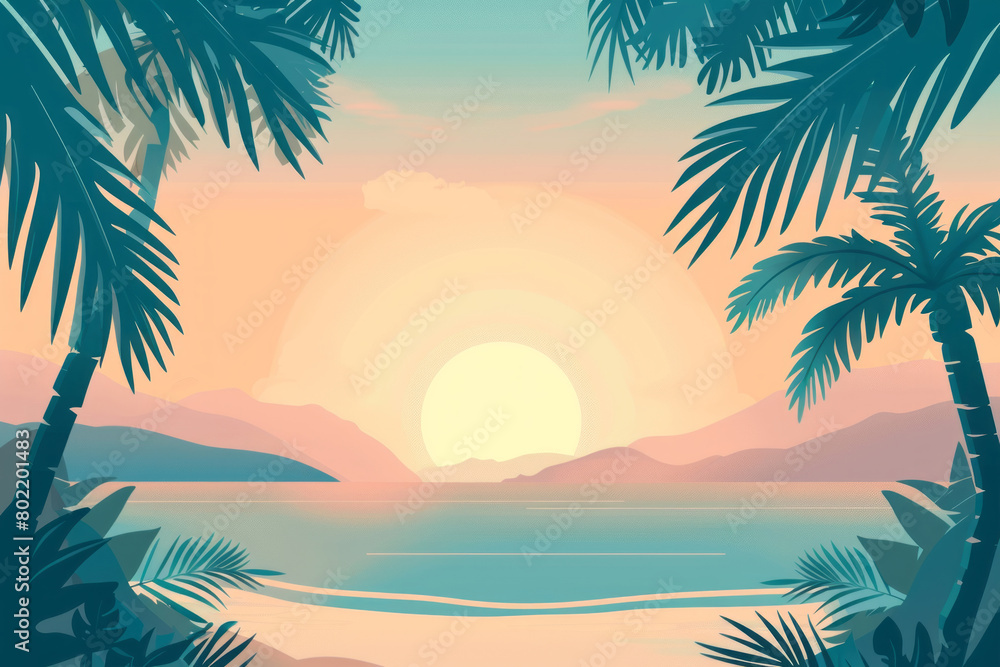 Tropical beach sunset with palm trees and tranquil seascape