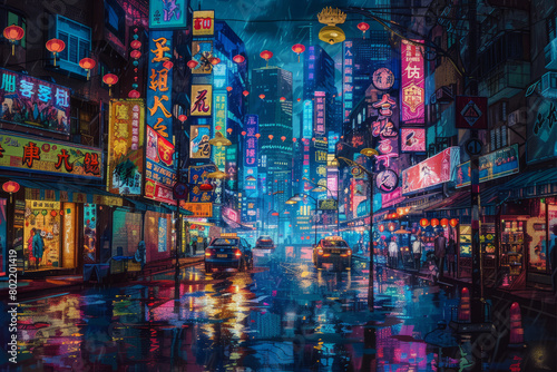 Vibrant night scene on a busy street in Taiwan with neon lights