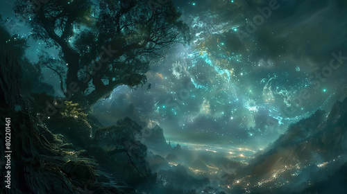 Enchanted forest scene with starry night and mystical lights