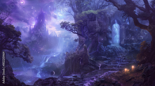 Enchanted forest at night with glowing waterfall and mystical castle