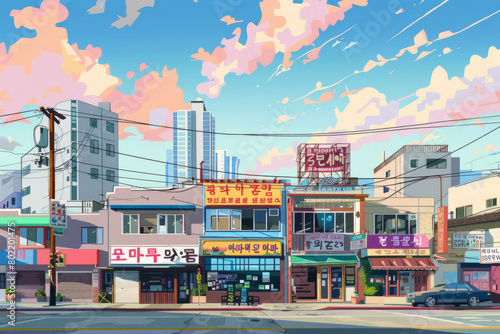 Colorful Koreatown street in Los Angeles under a vibrant sky