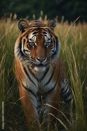 majestic tiger on the hunt for some prey in high grass  stock photo  background
