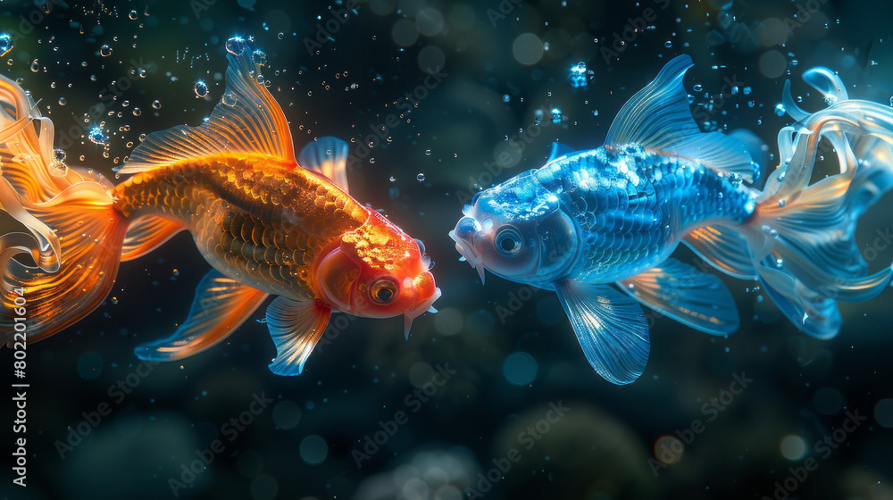 Two vibrant koi fish jumping amidst shimmering water bubbles