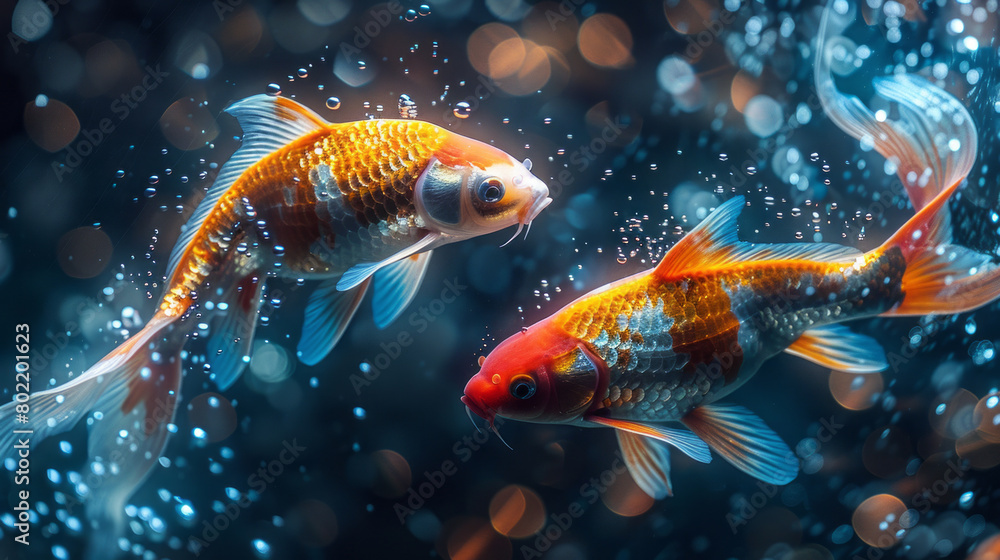 Obraz premium Two koi fish swimming gracefully in a shimmering pond