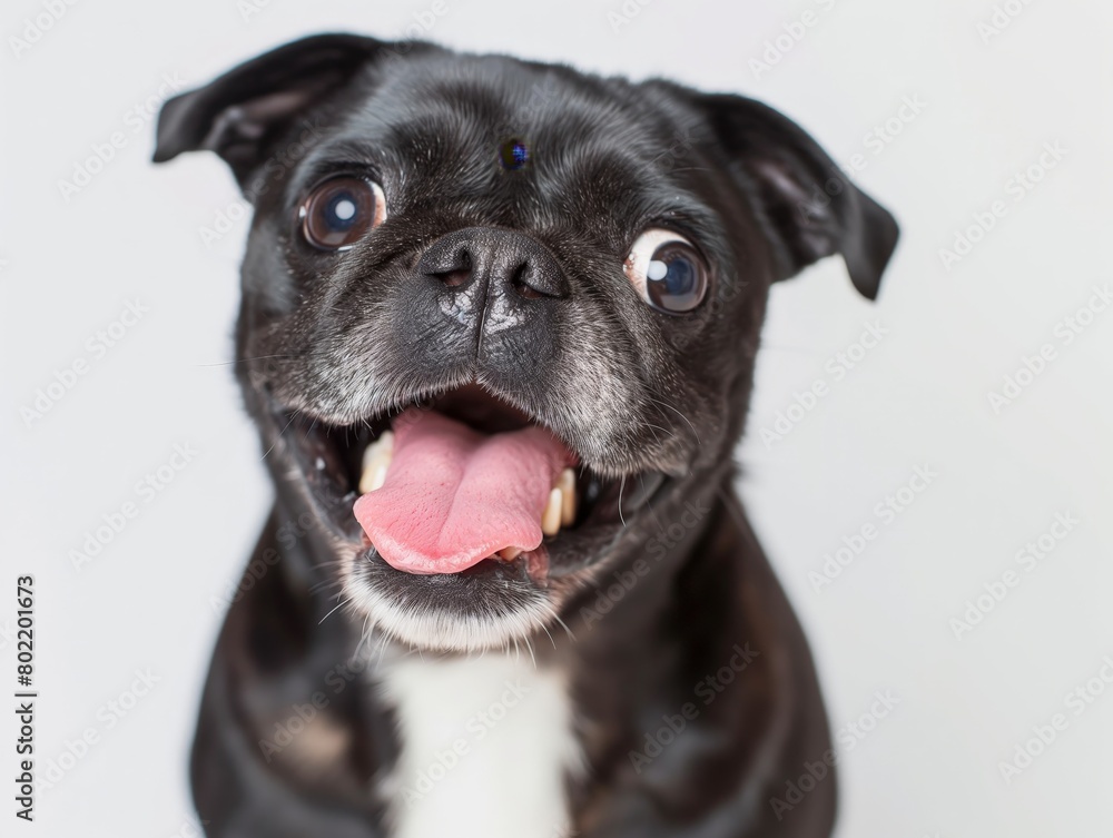 Close-up of an adorable pug with a joyful expression, tongue out, wide eyes, and a white background.