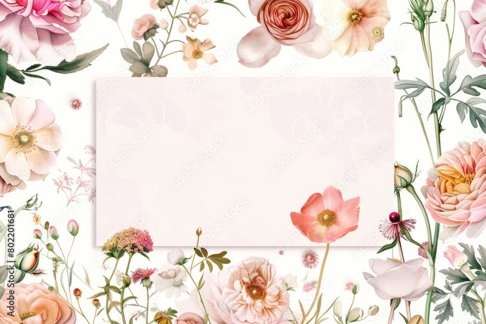 Elegant blank white card surrounded by vibrant floral arrangement
