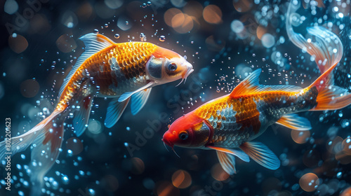 Two koi fish swimming gracefully in a shimmering pond