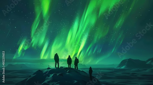 An Arctic observatory viewing the aurora borealis, with scientists and glowing green paper lights dancing across the paper sky, paper art style concept photo
