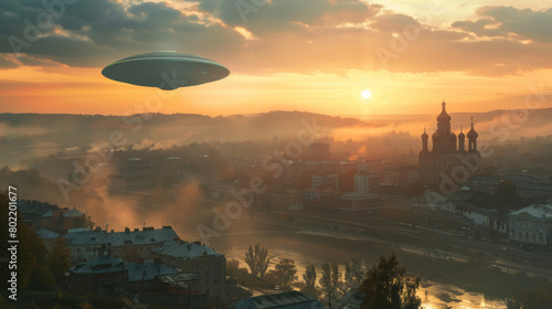 UFO hovering above misty cityscape at sunrise