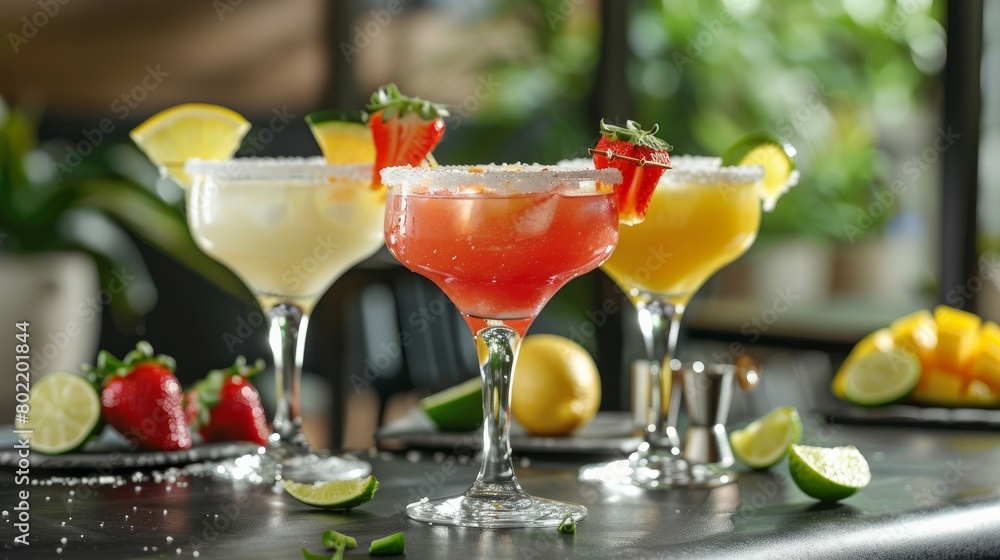 group of cocktails on a restaurant background: classic, strawberry and mango margarita. White, red, orange alcoholic cocktail with decoration of salt on the edge of the glass with lime, lemon