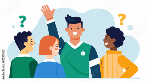 A player excitedly raises their hand to answer a question while their teammates lean in to hear their response.. Vector illustration