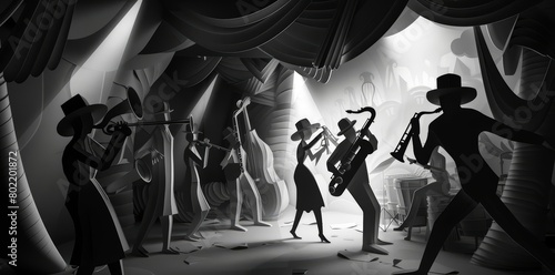 An underground jazz bar from the Roaring Twenties, with saxophonists and flappers dancing, all rendered in monochrome paper, paper art style concept photo