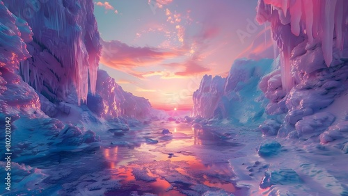 Embark on a surreal journey through icy landscapes with vibrant psychedelic hues. Concept Landscape Photography, Icy Landscapes, Psychedelic Hues, Surreal Journey, Vibrant Colors