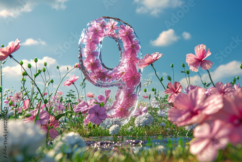Shiny number nine in floral field under clear blue sky