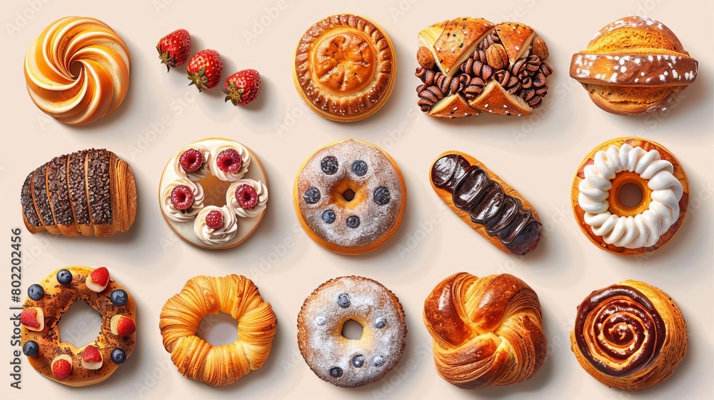 A variety of pastries and breads on a white background. The pastries include croissants, donuts, and muffins. The breads include baguettes and rolls. A variety of pastries and breads on a white background. The pastries include croissants, donuts, and muffins. The breads include baguettes and rolls.